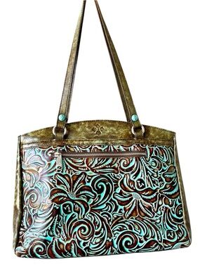 Patricia Nash Turquoise Tooled Leather Shoulder Purse Tote Bag MultiPocket